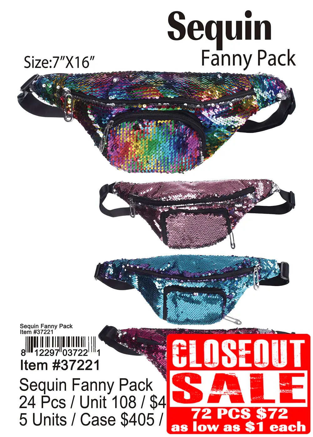 Sequin Fanny Packs - Closeout 72 Pcs.